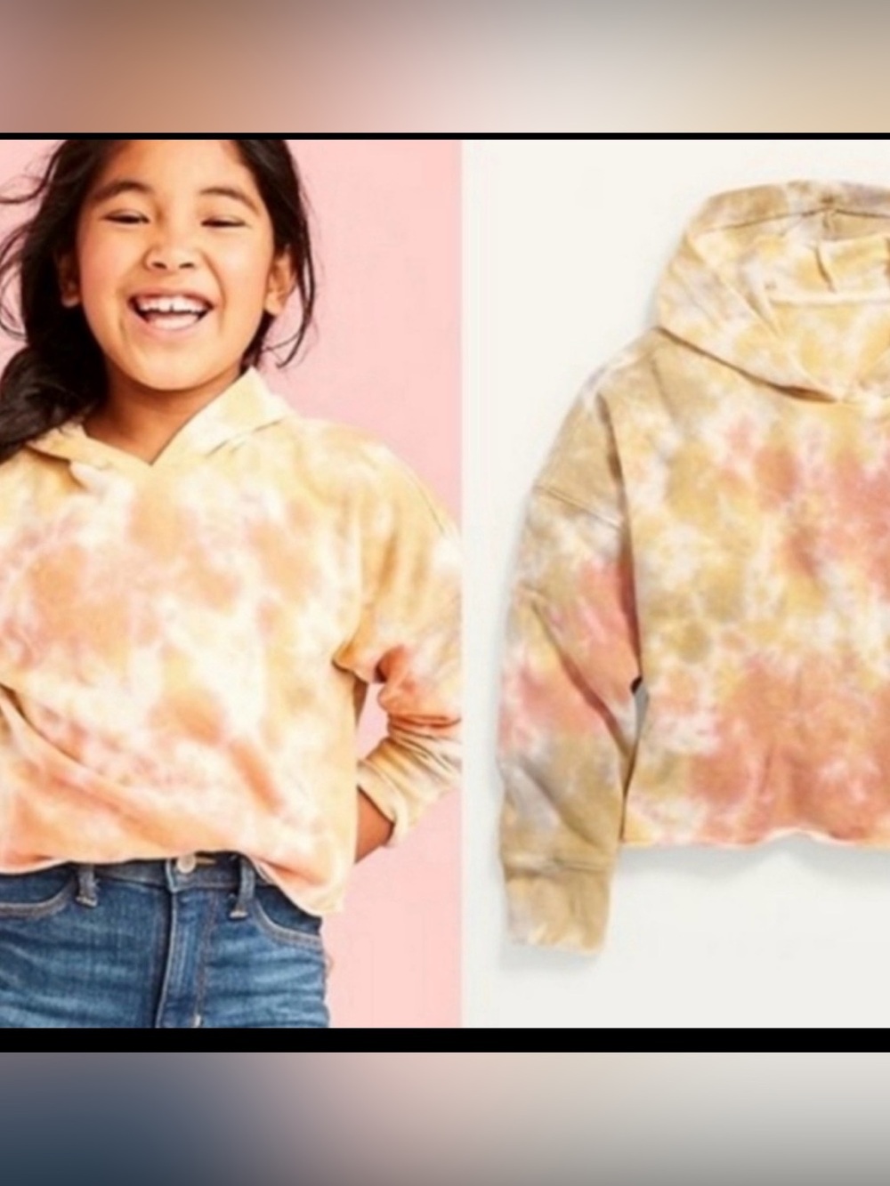 🩷 Old Navy Girl's Size S (6/7) Pink Yellow Tie dye Hooded Sweatshirt EUC